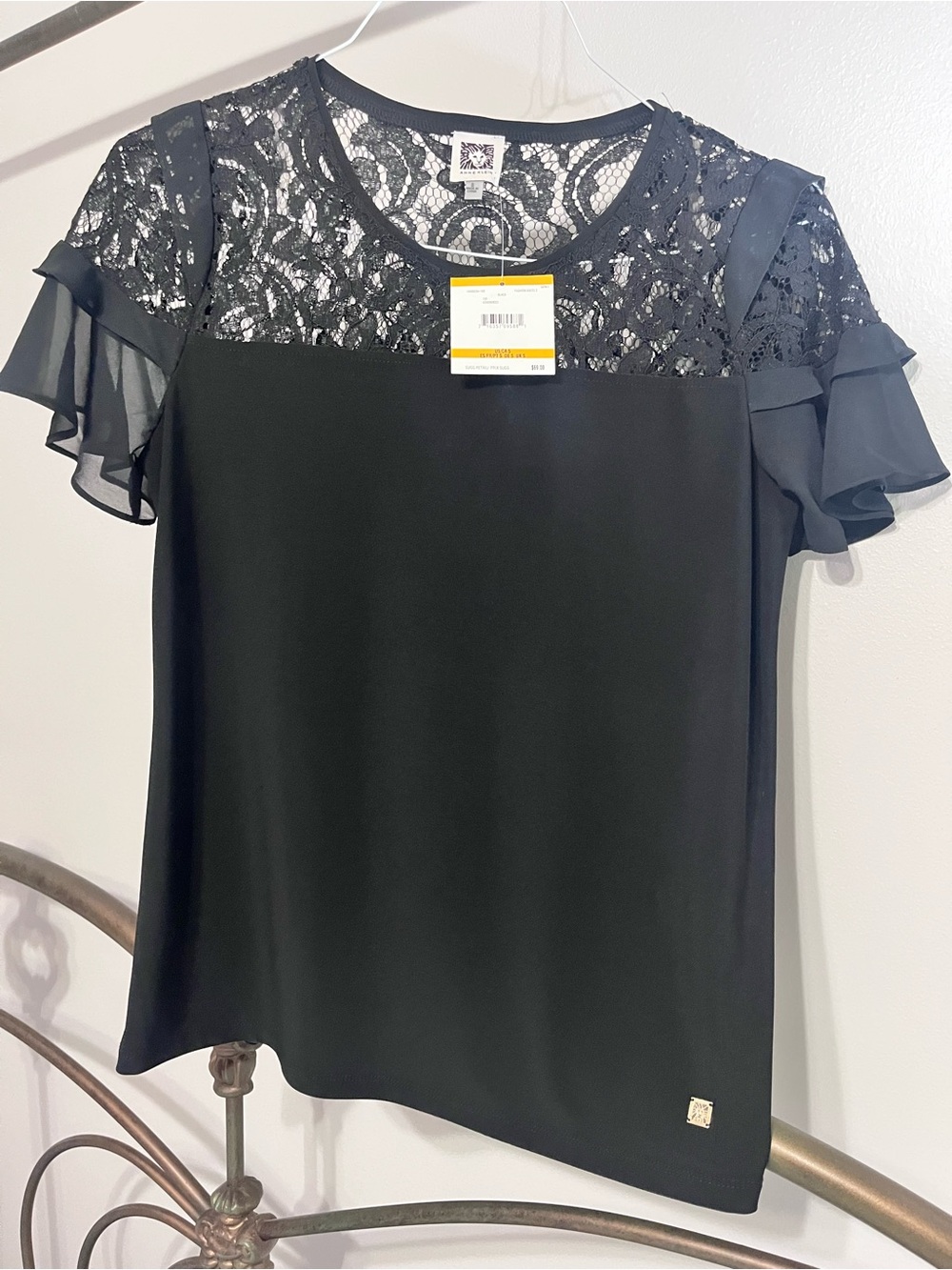 Anne Klein Black Lace Yoke Ruffle Sleeve Blouse